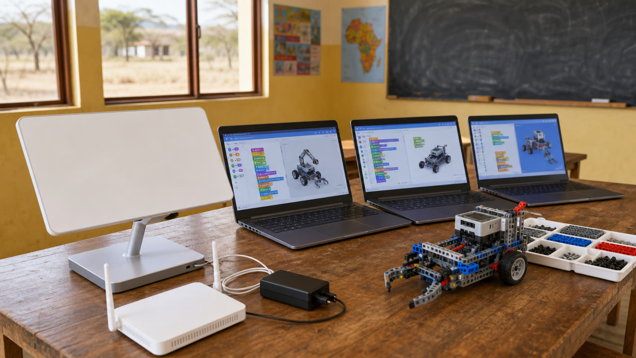 Illustration: a satellite internet dish, router and laptops on a school lab table