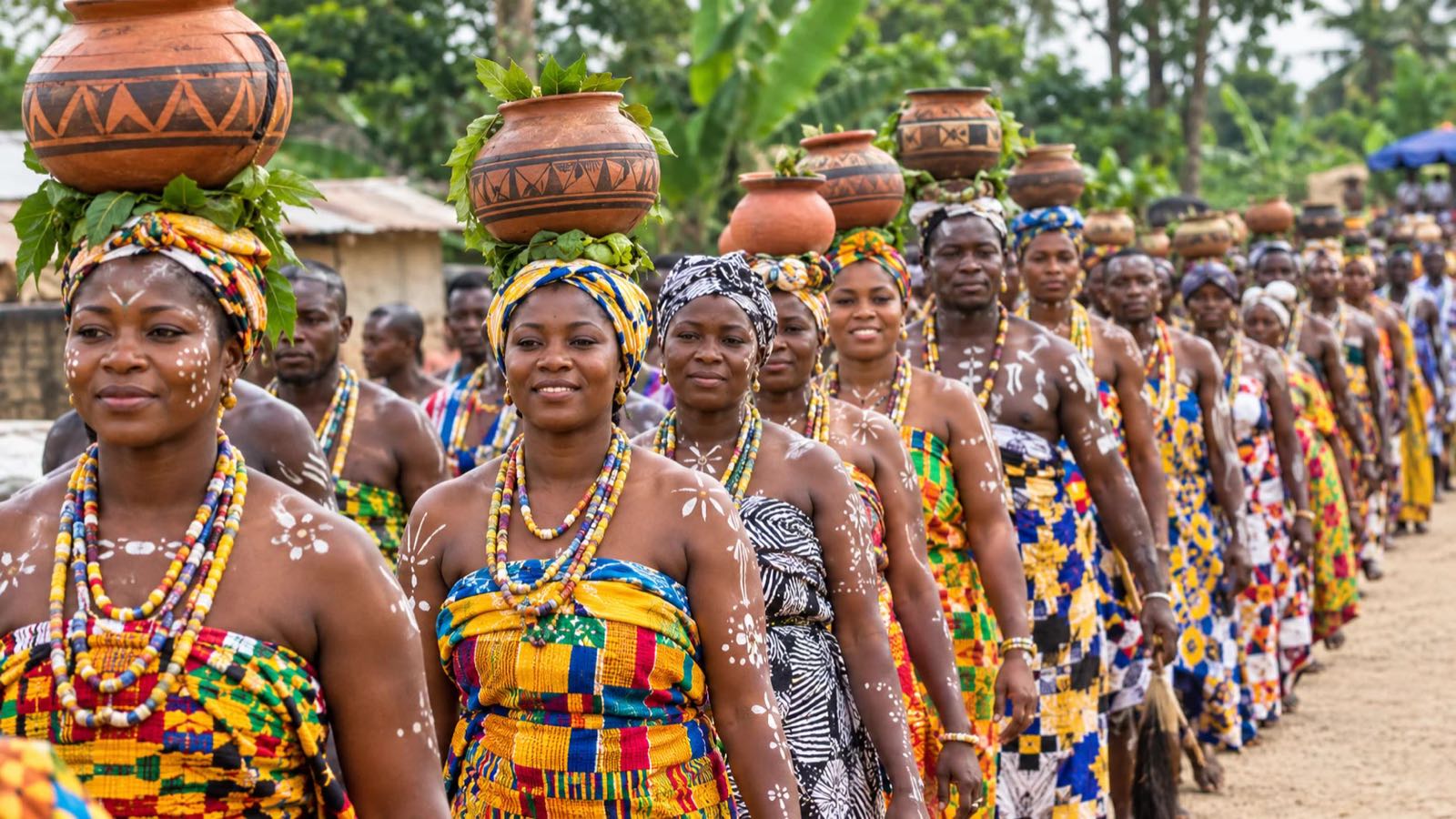 Illustration: women in kente cloth and beads carrying decorated clay pots in a festival procession