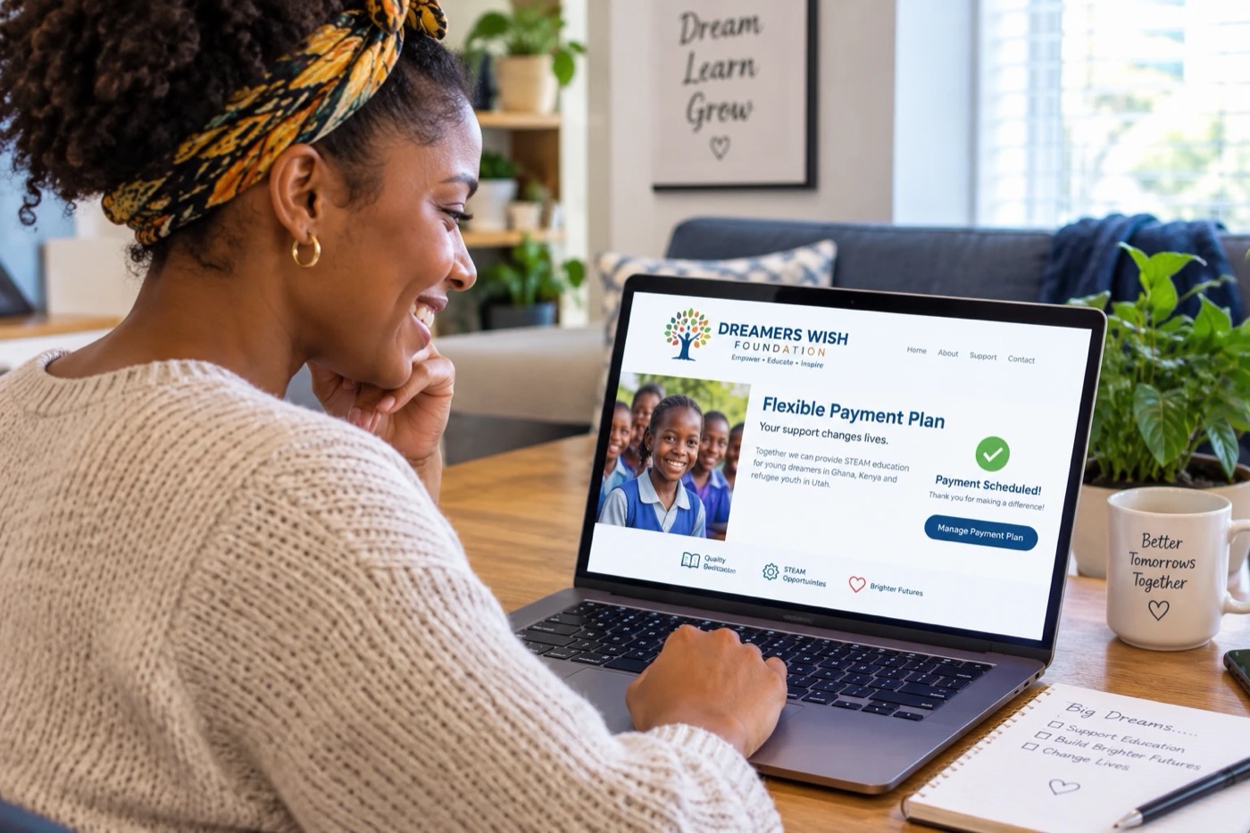 A smiling woman schedules a payment for her trip on a laptop at home