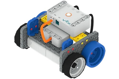 A VEX GO robot with a brain, motor and big blue wheels, built by a student