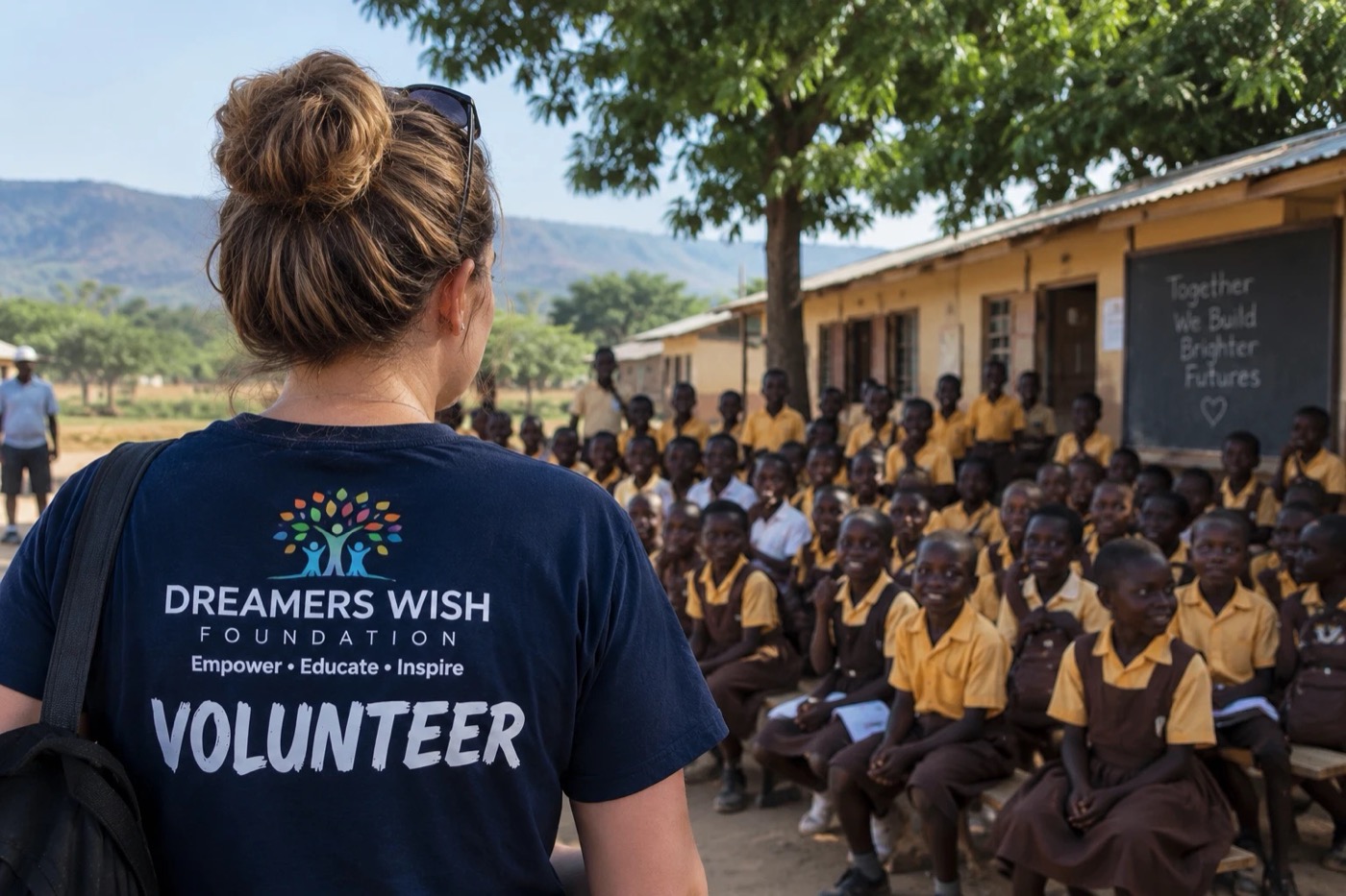 A Dreamers Wish volunteer stands before a large group of smiling schoolchildren in yellow and brown uniforms in Ghana