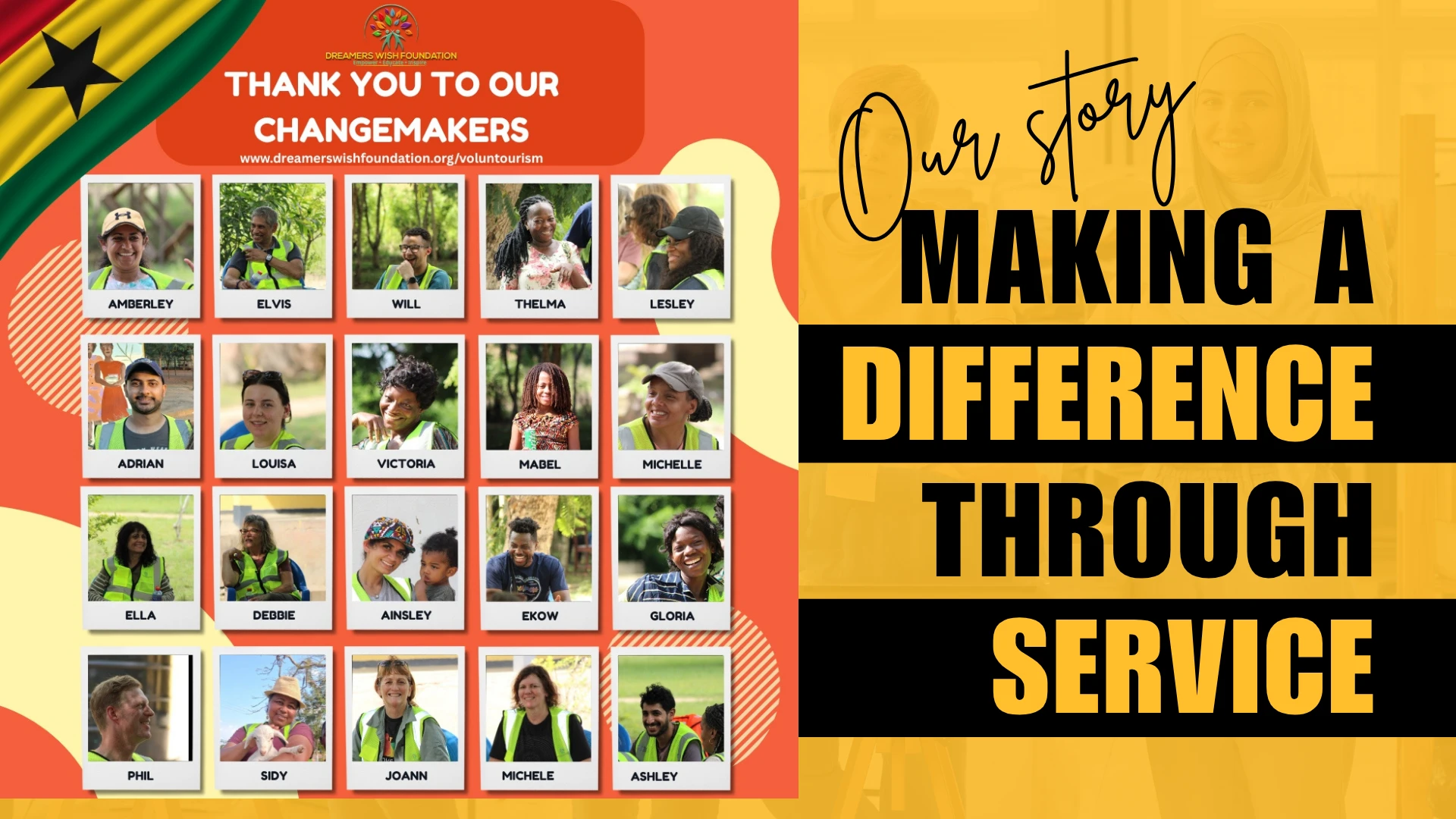 Thank you to our changemakers: photos of 20 volunteers from our Ghana trip, beside the words Our story: making a difference through service